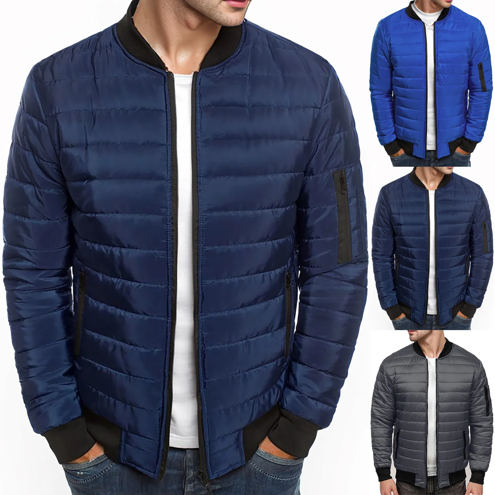 Men Quilted Padded Jacket Casual Zip Up Winter Warm Jacket Casual stripe Stand-Up Zip Coat Windproof Outwear Thick Chic jacket