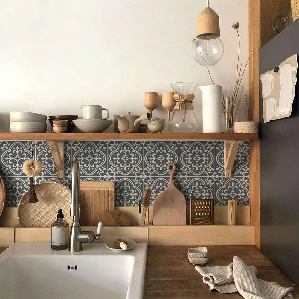 Classic Iris Texture Tile Wall Stickers, Vinyl Retro Black Bathroom Kitchen Background Self-adhesive Removable Flower Brick