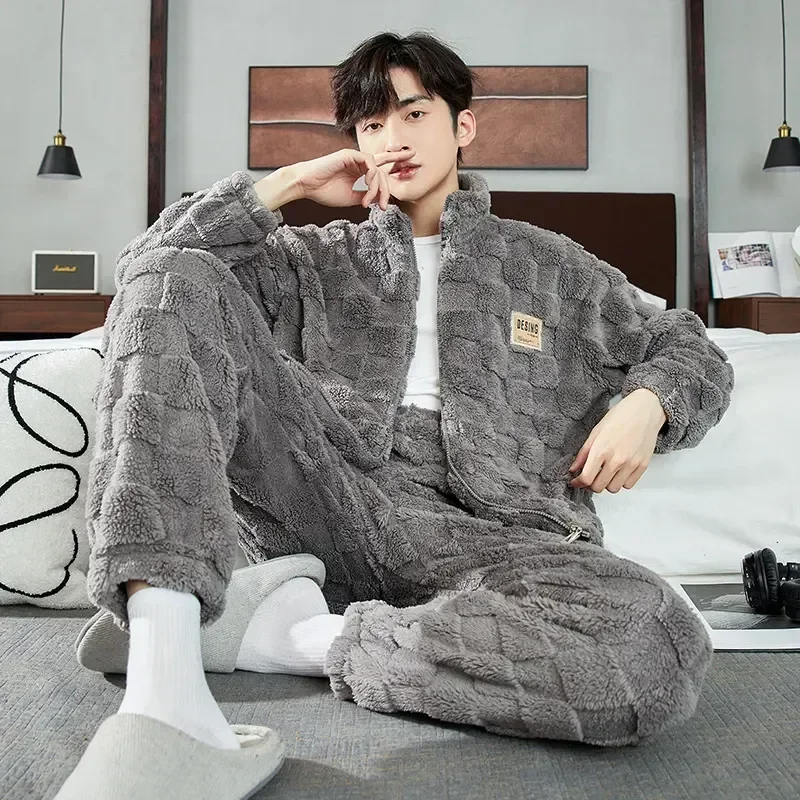 Flannel Man Long-sleeved Pajamas Warm Two-piece Trousers Loose Set Pyjamas Autumn Winter Sleepwear Thicken Suit Men Comfortable