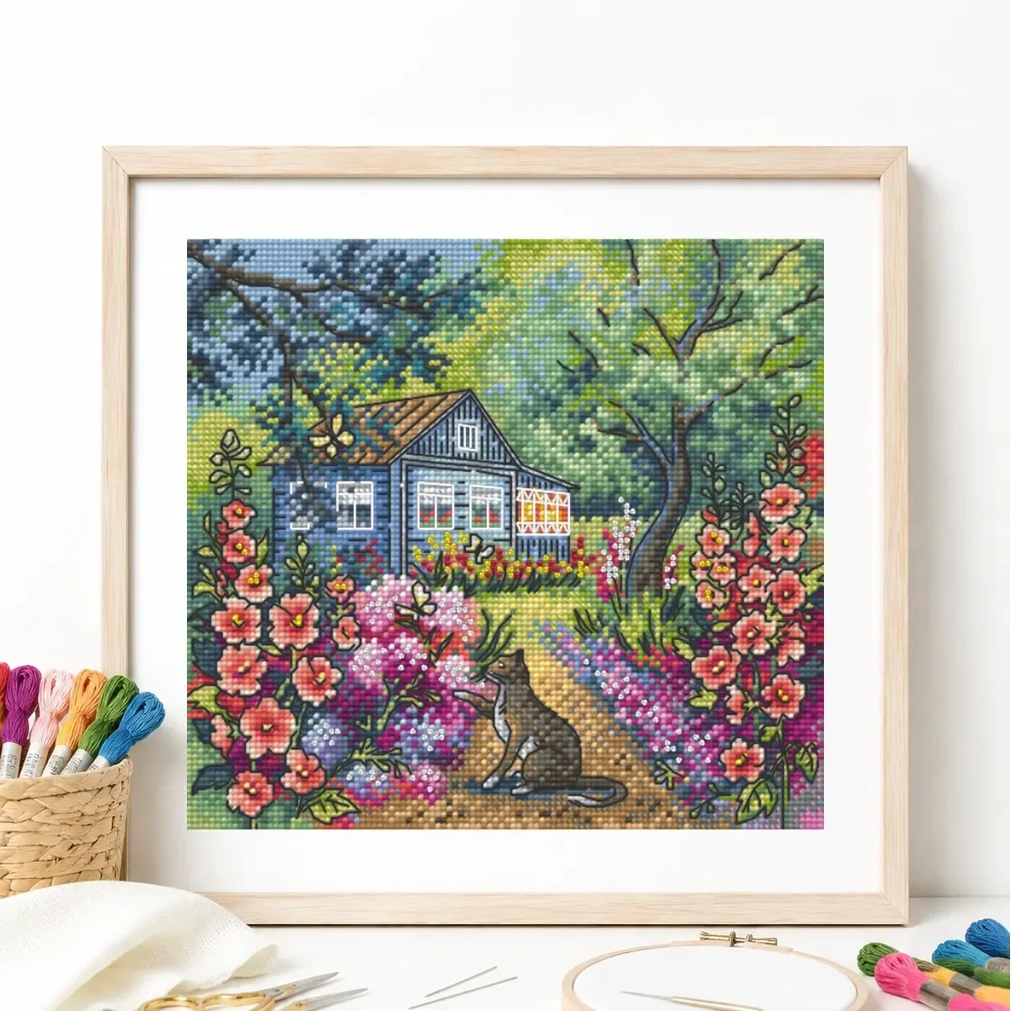[CC6084-Country Cat]Stamped Cross Stitch Kit for Adults and Kids, Easy Pre-Printed Canvas with Cotton Threads and Needles, Handm