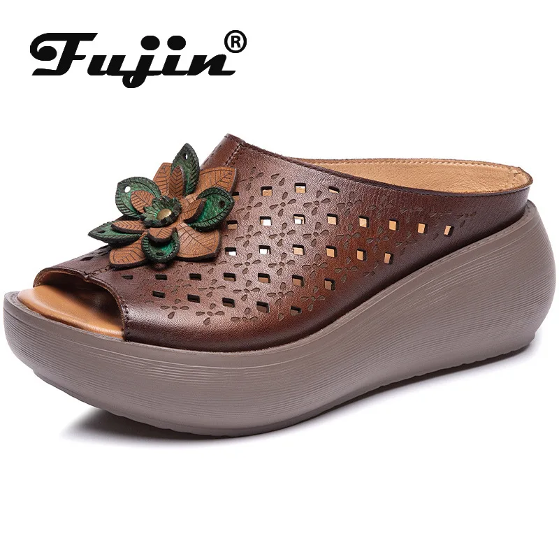 

Fujin 6cm Peep Toe Fashion Summer Fashion Women Hollow Wedge Shoes Genuine Leather Appliques Flower Slipper Platform Sandals