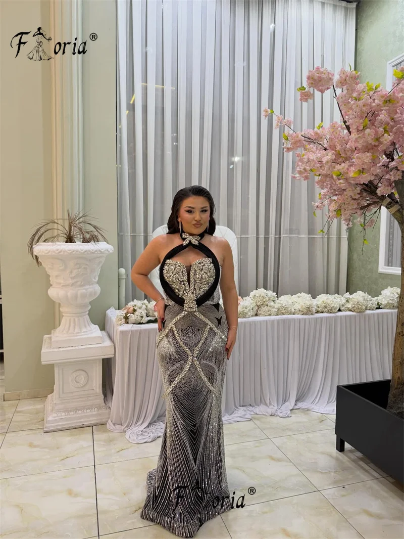 

Black Silver Halter Mermaid Evening Dress Heavy Crystal Rhinestone Beaded Cutout Formal Prom Gown Custom Plus Size Women Wedding