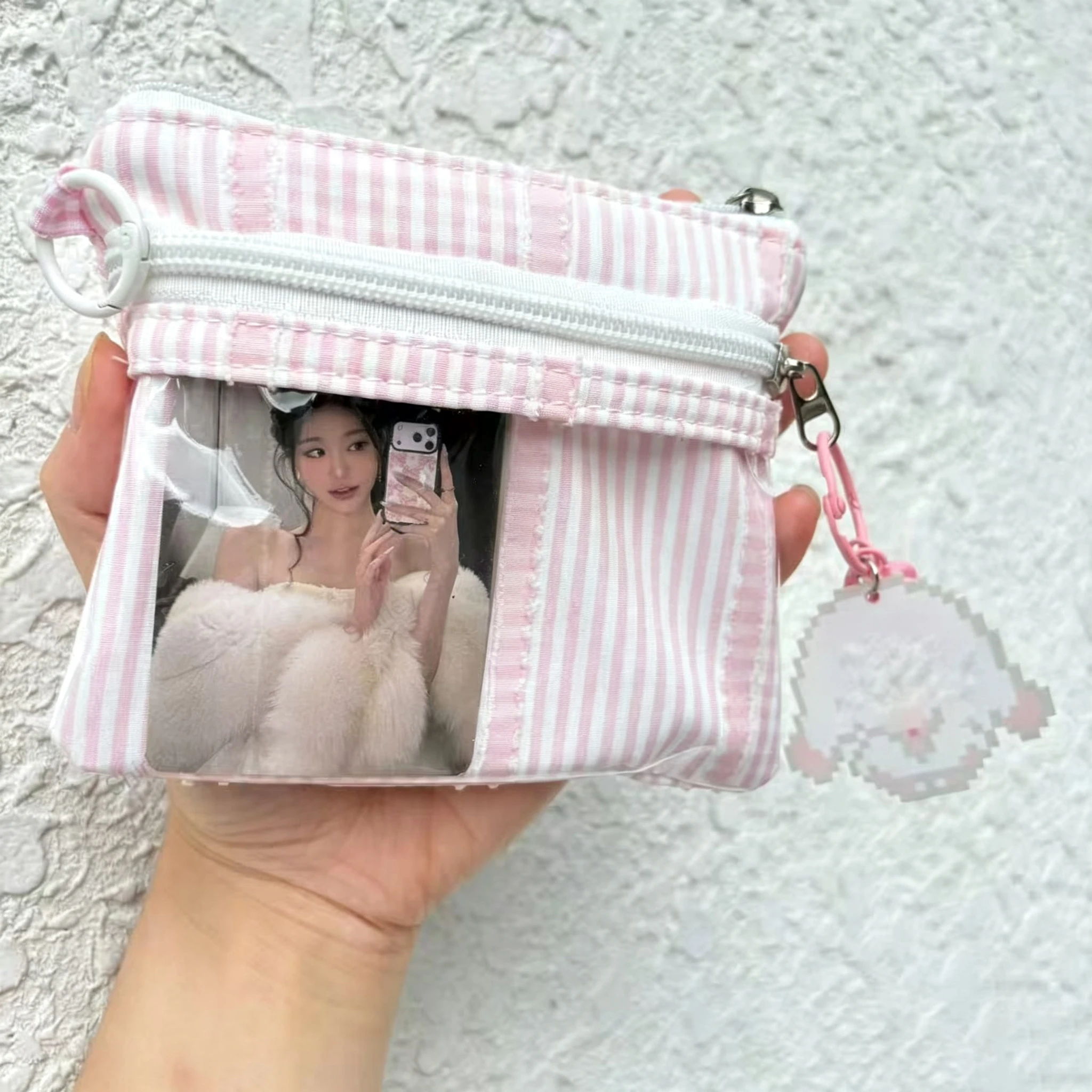 Ins Versatile Contrasting Color ID Bag Korean Pink Striped Transparent Hand-held Portable ID Card Bag High-value Coin Purse Gift
