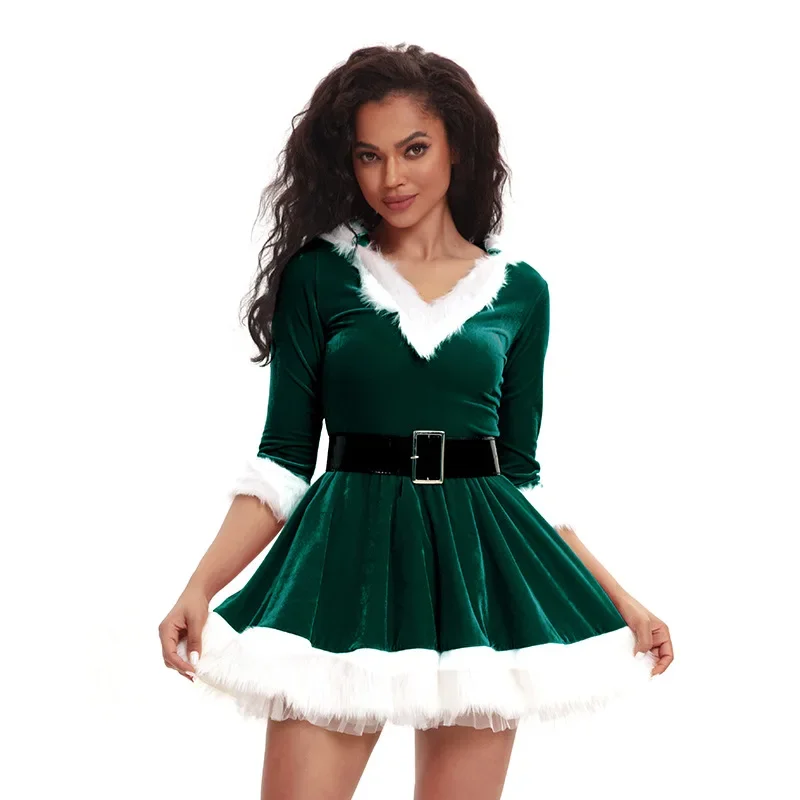 Nueva moda mujer media manga sólido Popular señoras Santa Claus Navidad tema disfraz Cosplay traje cinturón vestido de Navidad elegante