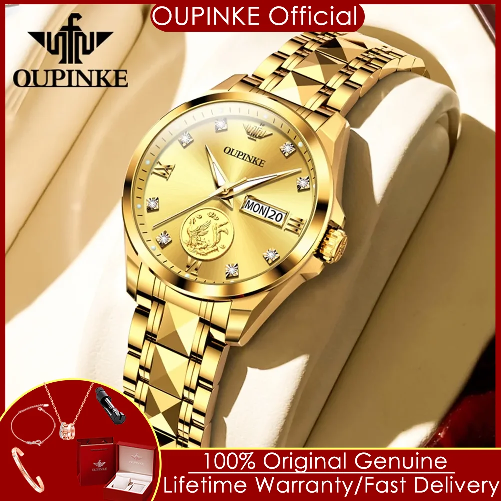 OUPINKE 3259 Real Gold Automatic Watches for Women Ladies Hand Clock Original Luxury Tungsten Steel Strap Woman Mechanical Watch