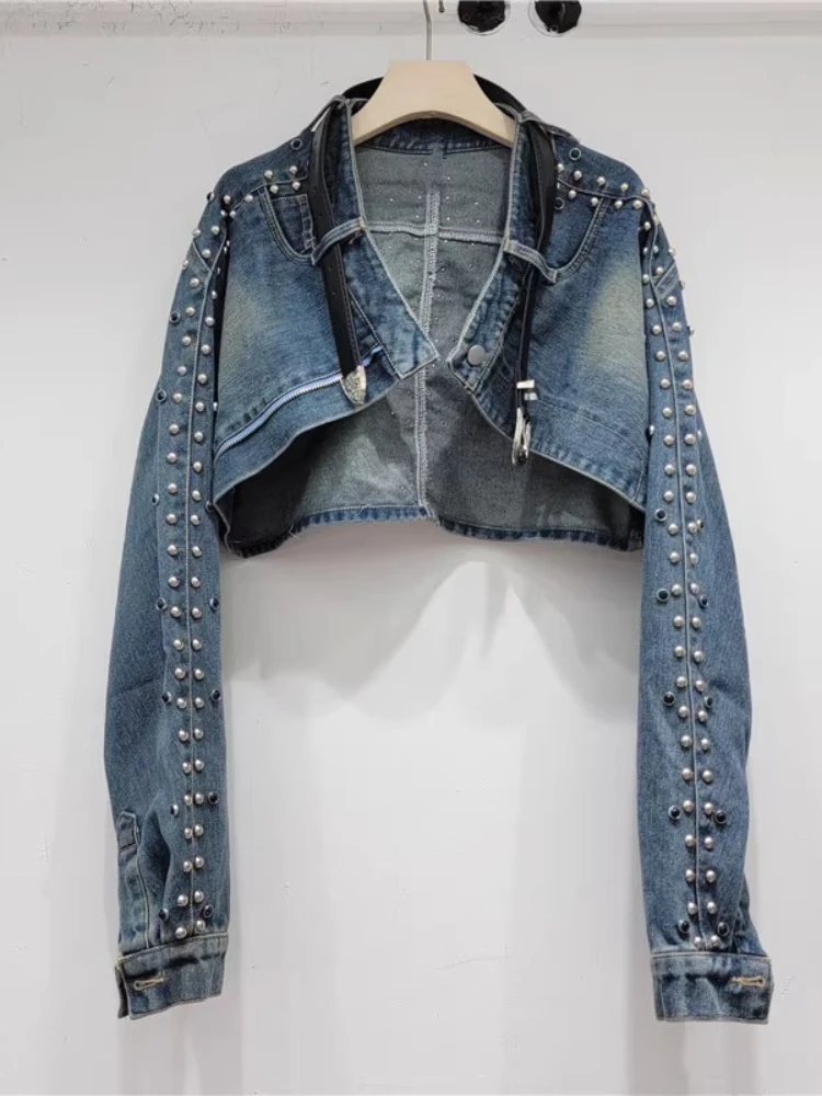 Turn-down Collar Long Sleeve Heavy Industry Bead Sweet Cool Denim Shawl Girl Versatile Short Loose Sexy Street Blouse Jacket