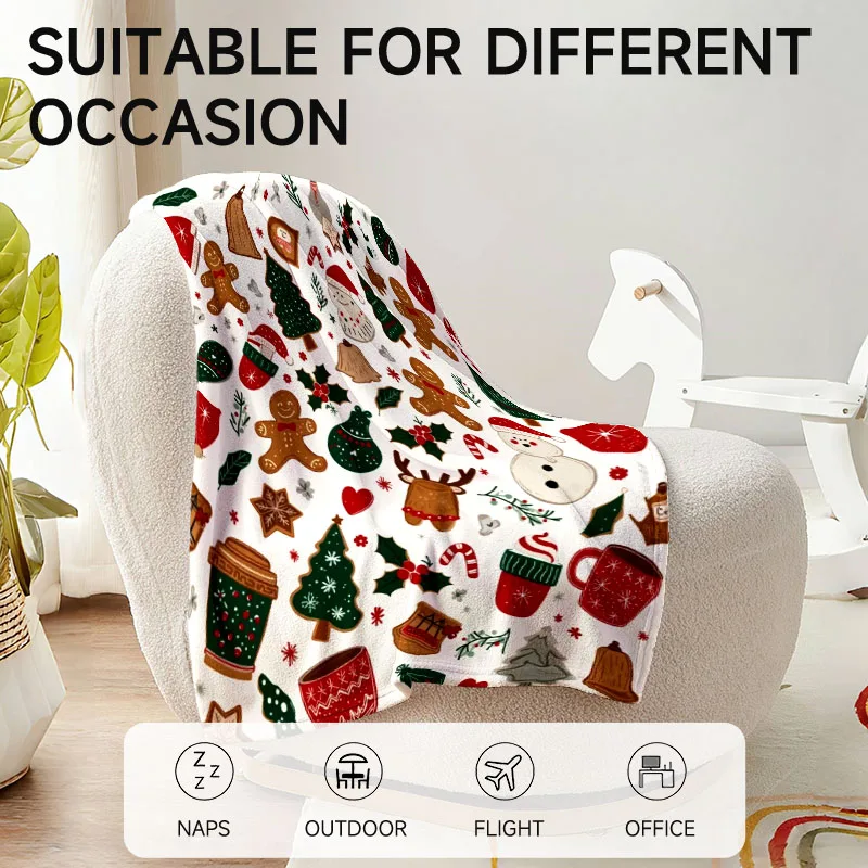 قطعة واحدة من بطانية الفانيلا بطابع عيد الميلاد مع خبز الزنجبيل ورجل الثلج والأشجار، مثالية للأريكة والسرير والمكتب. هدية مثالية لـ fam