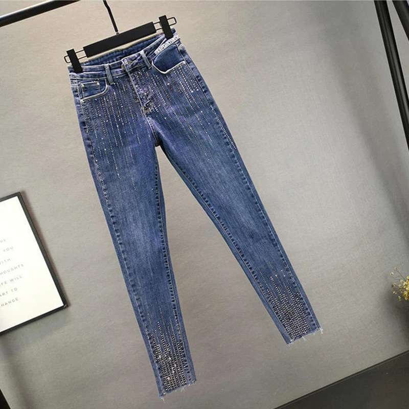 Ladies Heavy Industry Rhinestone Skinny Jeans 2023 Spring Summer High Waist Women Blue Denim Pants Korean Street Stretch Pants