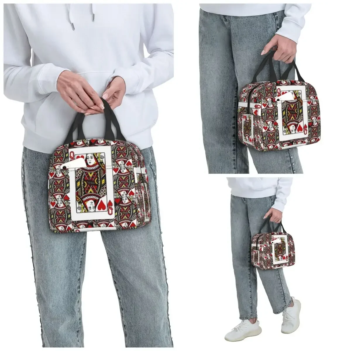 Casino Red Queen Of Hearts Pattern White Art Insulated Lunch Bag for Women Office Cooler Thermal Food Box Tote Lunch Boxes