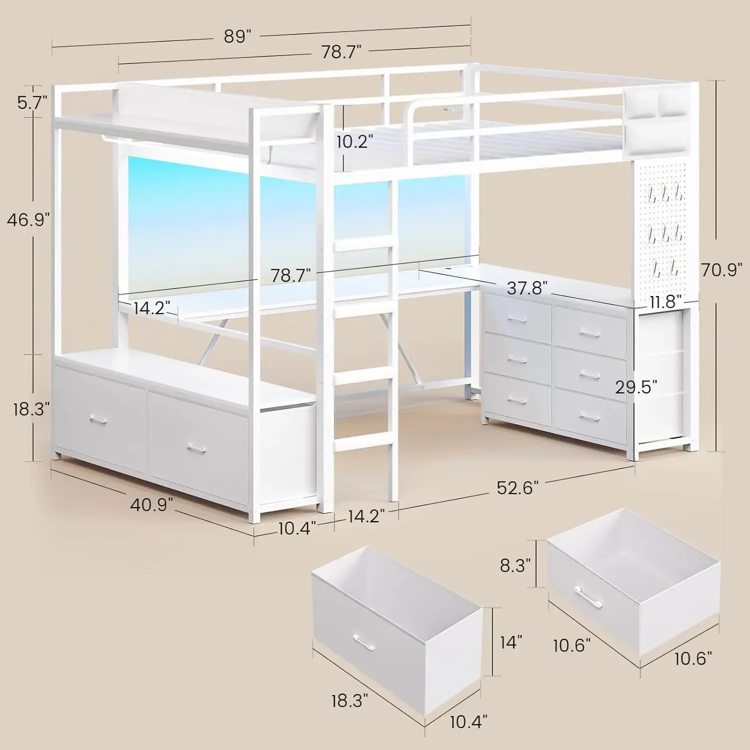 Itaar Twin Loft Bed with L-Shaped Desk and 8 Storage Drawers, Metal Kids Loft Bed Twin with Led Lights & Charging Sation, Hall T