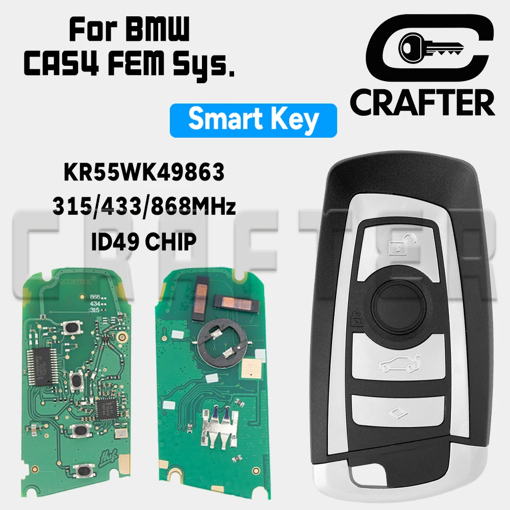 Key Crafters KR55WK49863 ID49 CHIP 315/433/868MHz Smart Card Key For BMW 1 2 3 4 5 6 7 Series X1 X3 CAS4 FEM F System