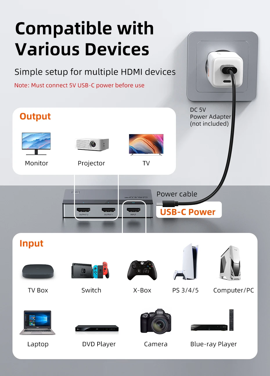CABLETIME HDMI Splitter 1 IN 2 4K 60Hz LED Licht Bildschirm Splitter für HDTV Computer Monitor Schalter PS5 Xiaomi MacBook Laptop – Detail 4