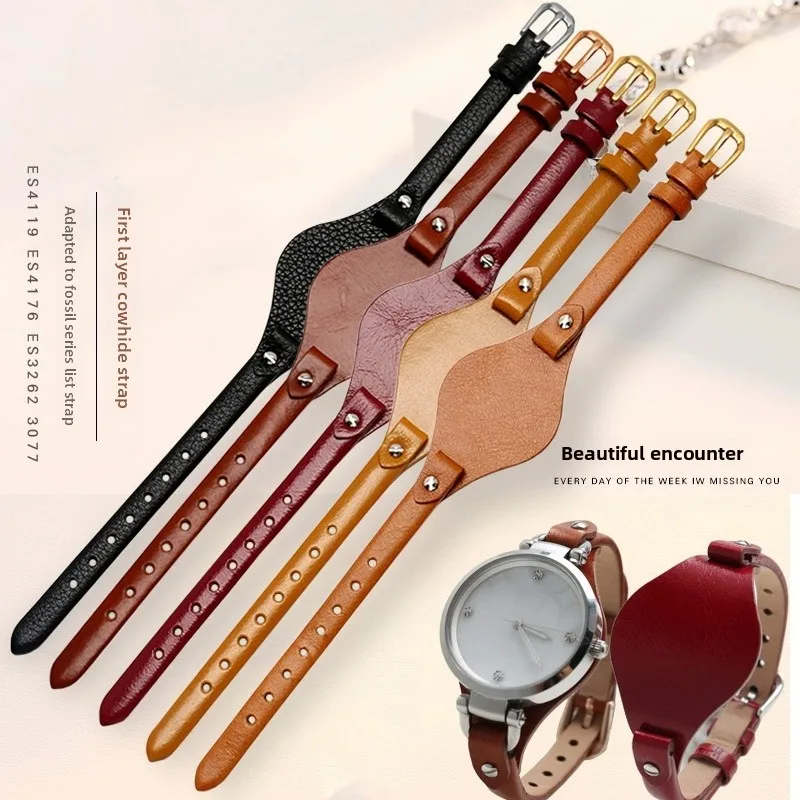For Fossil ES3060 ES3565 ES2830 3077 3262 3060 4176 4119 8mm Genuine Leather Watch Strap Soft Cowhide Women ​Small Band Bracelet