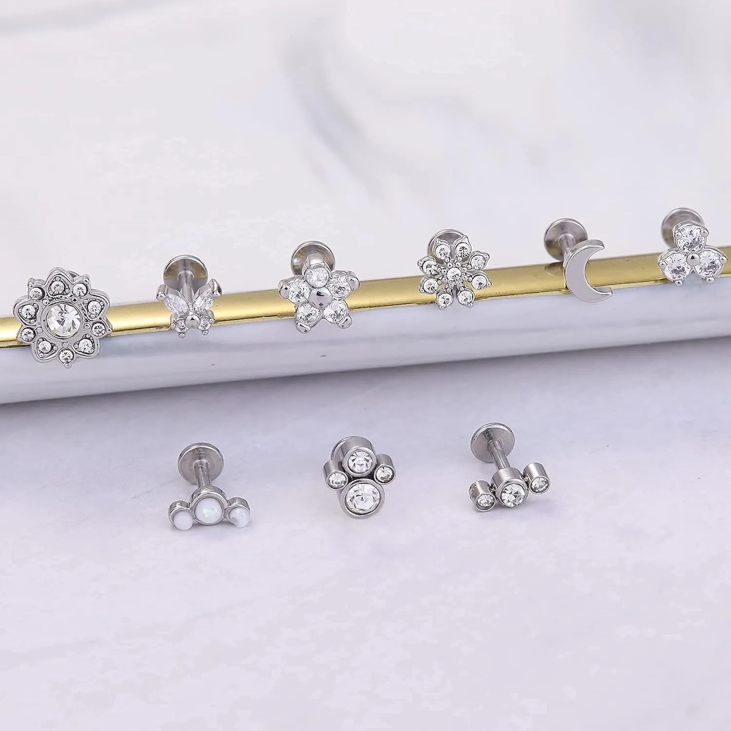 Bobisty 9Pcs 16G Lip Rings Stainless Steel Studs for Women CZ Opal Nose Studs Helix Tragus Stud Earring Medusa Piercing Jewelry