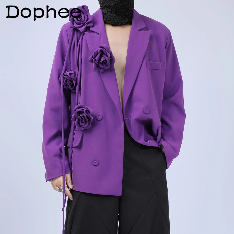 

2025 Autumn New Men's Long Sleeve Purple Suit Jacket Detachable Floral Design Small Blazers Male Handsome Elegant Tailored Coats