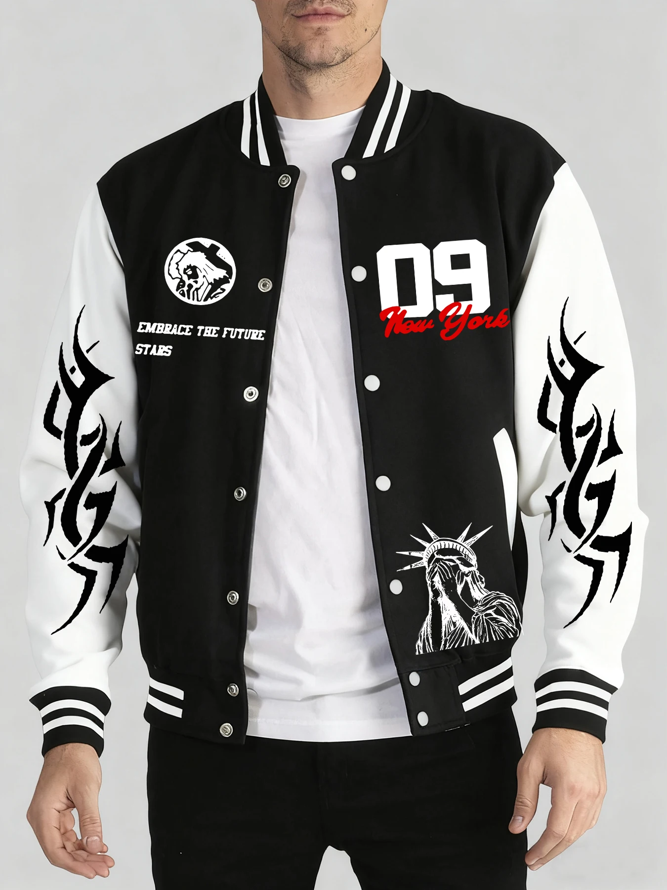 

Нью-Йорк Embrace The Future Stars Prints Мужской спортивный костюм Модные свободные куртки Спортивная мягкая одежда Осень-зима Бейсбольный трикотаж