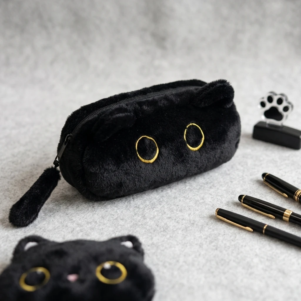 Cute Cat Plush Stationery Storage Bag Creative Pencil Case Large Capacity Organizer Pouch For School Supplies Students Accessory