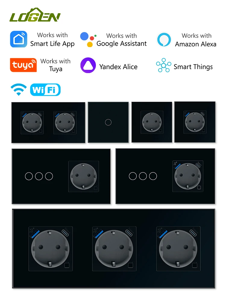 LOGEN WiFi Smart Touch Licht Schalter Smart Steckdose Glas Panel Energie Überwachung Timer Zeitplan Tuya Neutral 1/2/3Gang 1Way