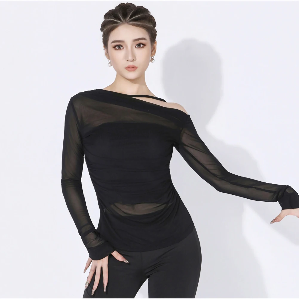 Top da ballo linea traslucida Palla da ballo nera Manica lunga Samba sexy Spalla obliqua Top trasparente per danza latina
