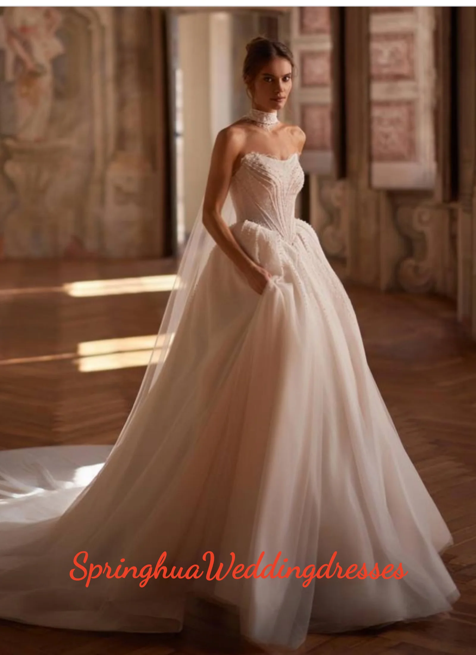 

Индивидуальные роскошные свадебные платья без бретелек из атласа с жемчугом, с пуговицами на спине, А-силуэт, для женщин, в стиле принцесса, Vestido De Novia