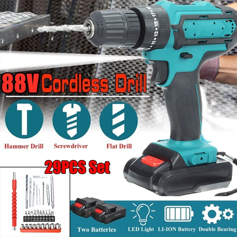 88V Cordless Electric Drill 25+3 Torque Electric Screwdriver Hammer Impact Drill 2pcs Battery Drill Power Tools 29pcs Bit Set