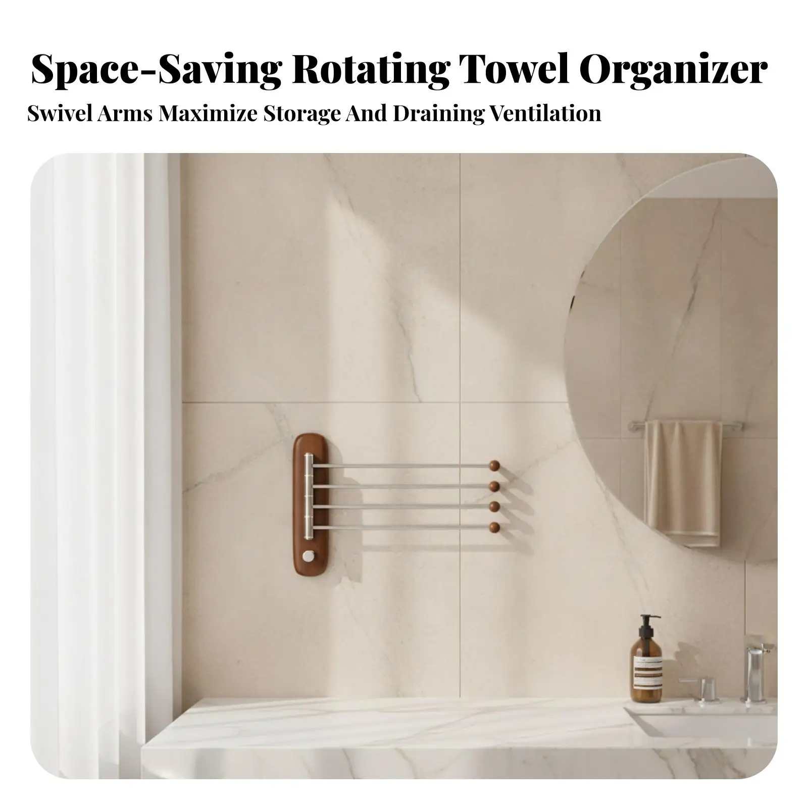 No Drill Towel Rack for Bathroom Solid Wood Stainless Steel Rotating Holder Wall Mounted Vanity Storage