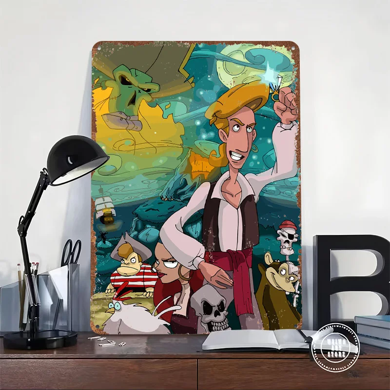 Monkey Island Characters in a Pirate Scene Metal Poster Customized Wall Art Retro Vintage Metal Signs for Man Cave Wand Deko
