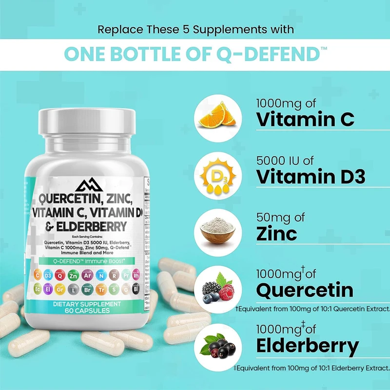 

Quercetin Zinc Vitamin C Vitamin D 5000 IU Bromelain Seaweed Purple Cone Chrysanthemum Elderberry Garlic - Immune Support