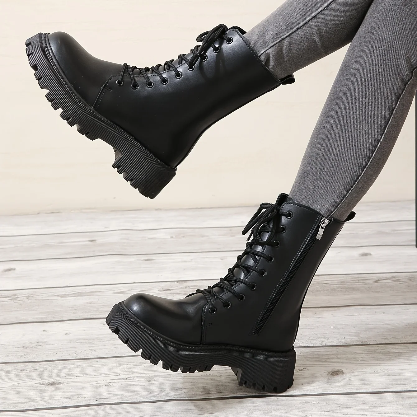 Women\'s Solid Color Combat Boots Fashion Lace Up Side Zipper Boots 2024 Faux Leather Shoes for Women Plus Size 42 Ankle Boots