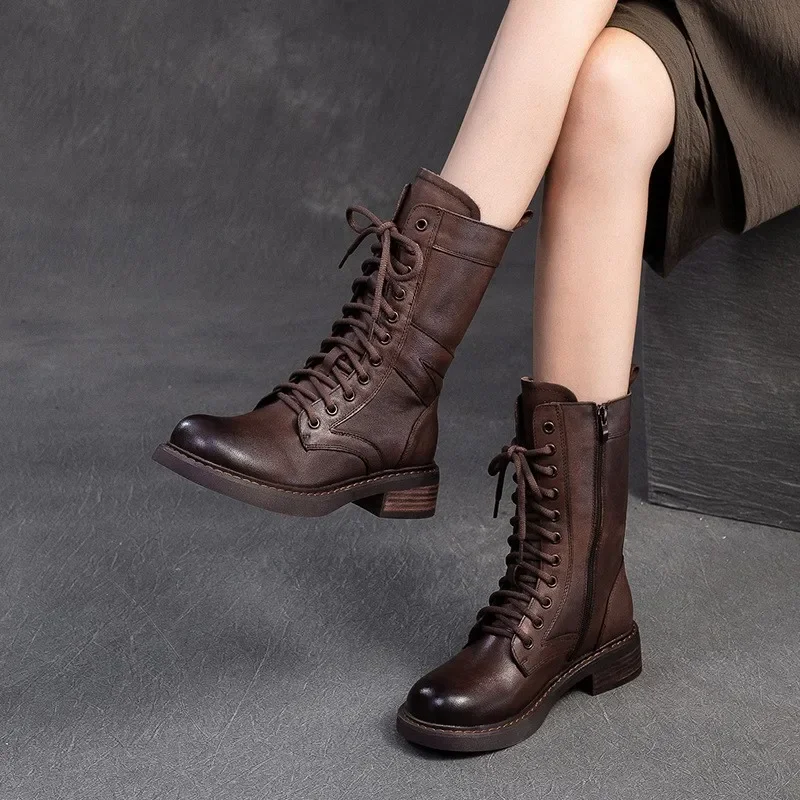 Careaymade-Autumn Winter British Style Low Heeled Mid-calf Boots Retro Genuine Leather Lace-up Women's Shoes motorcycle boots