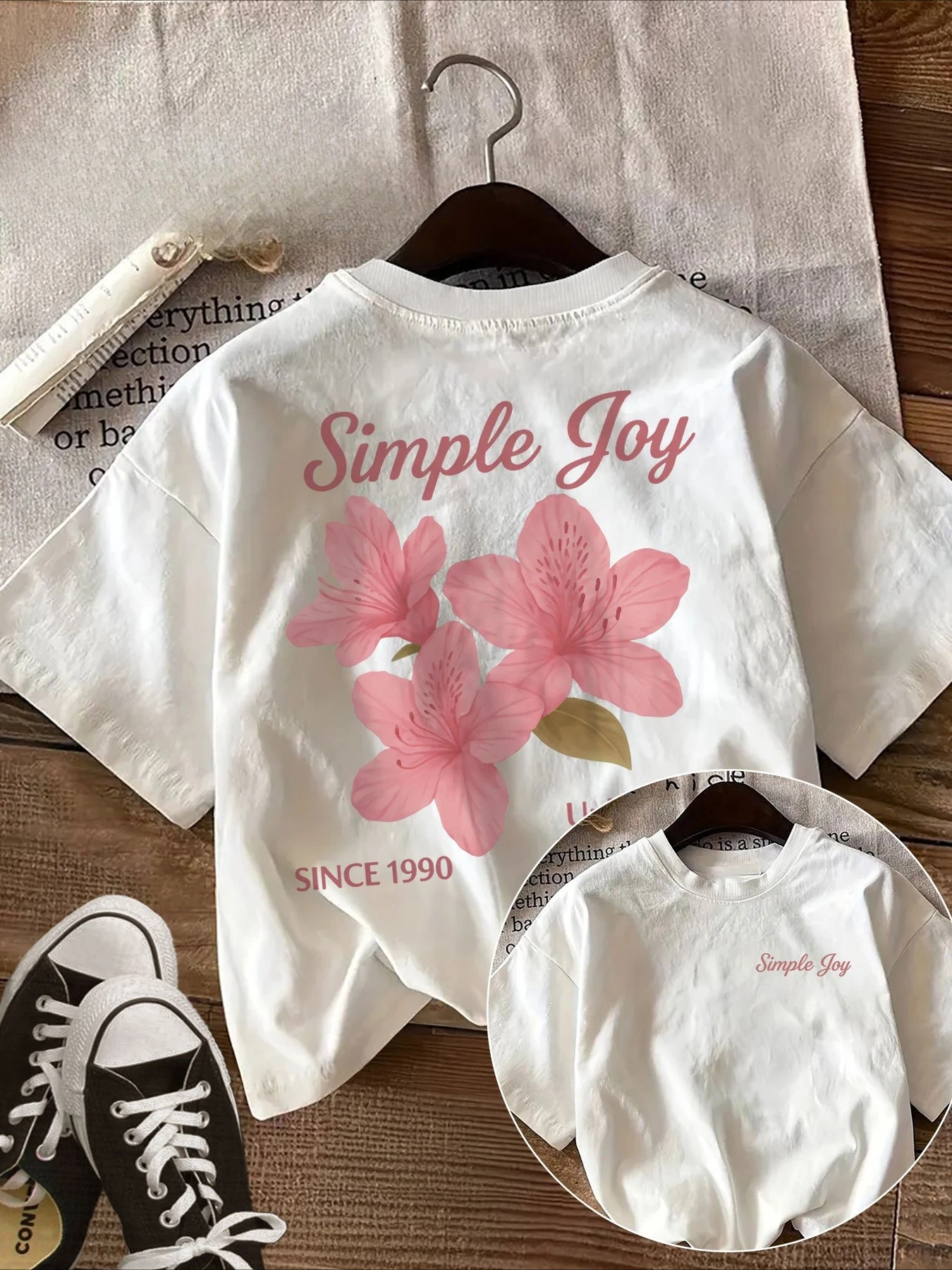 Double-sided Print Fresh Style Pink Floral Print Simple Joy Unleash The Sweet Within Round Neck Sleeve Fashion Aesthetic Clothe