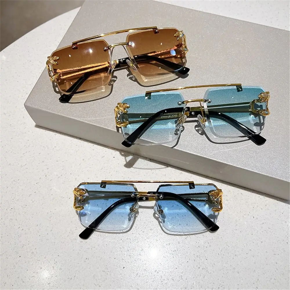 Metal Rimless Sunglasses Trendy UV400 Double Bridge Oversized Square Shades Cheetah Decor Sun Glasses for Women & Men