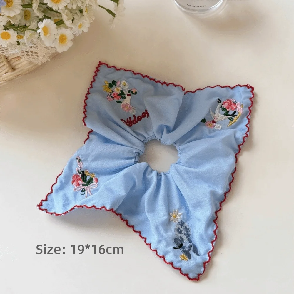 Ikat Rambut Bordir Bunga Retro Aksesoris Rambut Persegi Tali Rambut Bermotif Bunga Ikat Rambut Biru