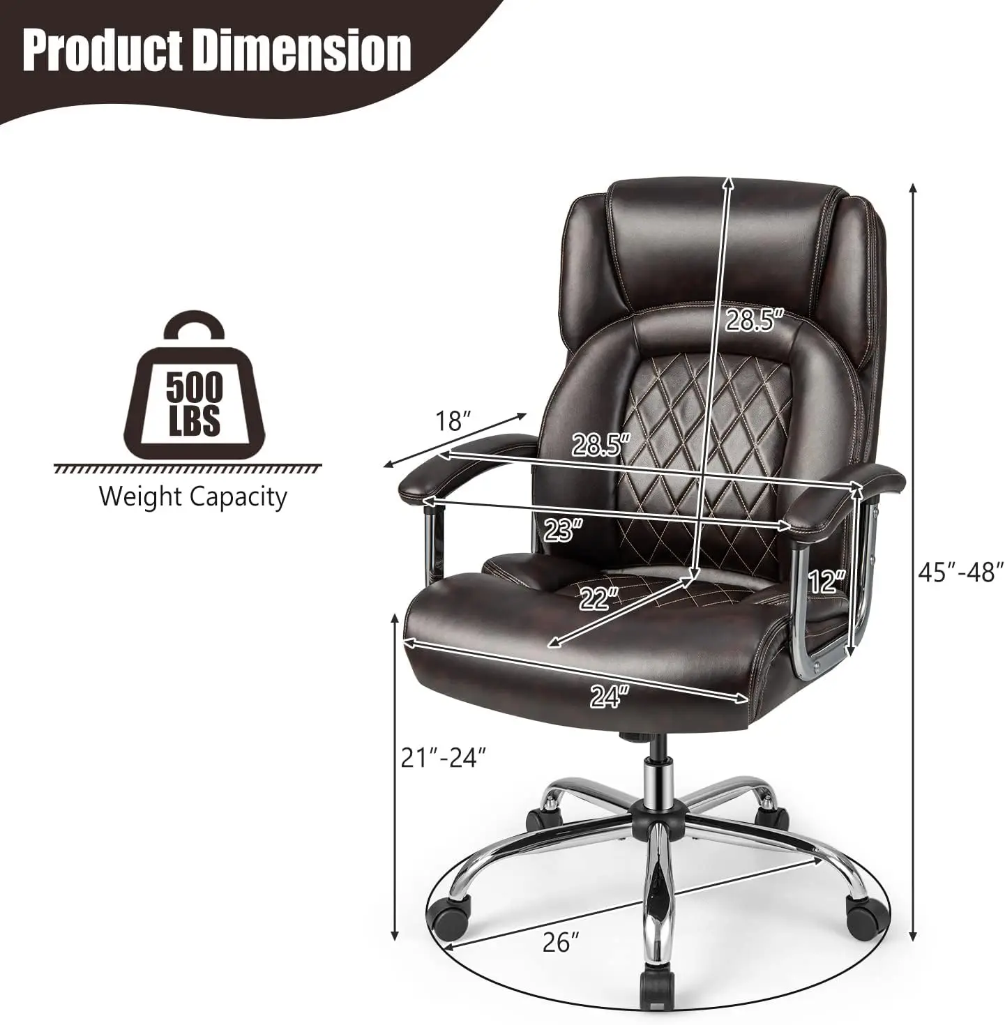 Desk Chair Adjustable PU Leather "Big & Tall" High Back "500LBS Capacity" Swivel Task Chair Black - Office Furniture for Heavy