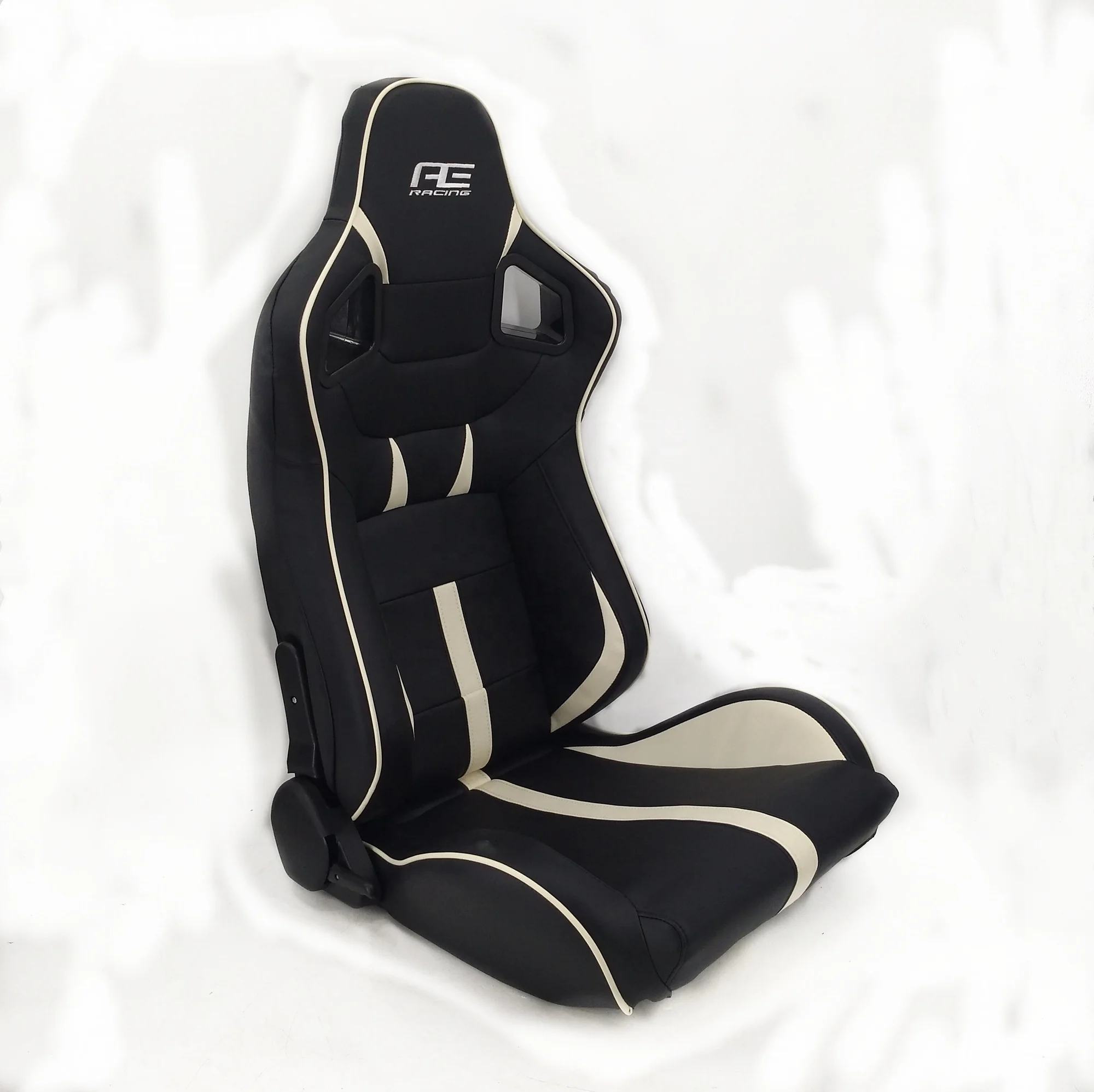 

Fully Reclinable Black And White Car Racing Bucket Seat PVC Leather With Double Slider For Racing Simulator