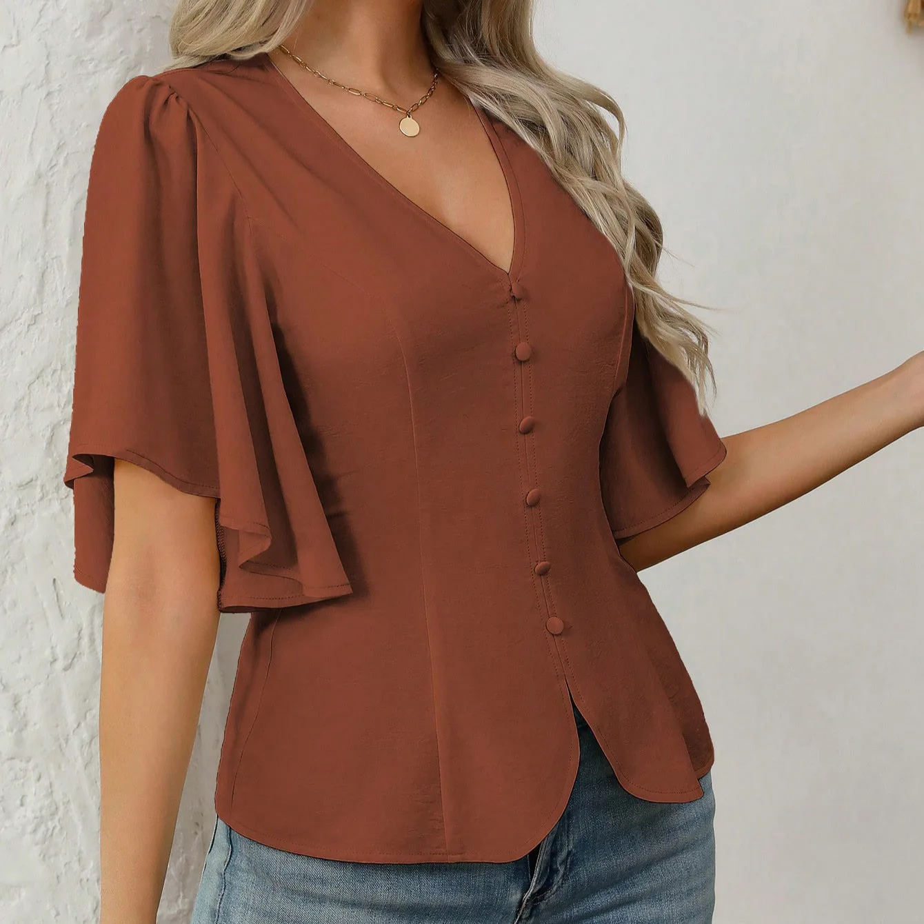 

2026 Fashionable Style Deep V Neck Solid Color Single Breasted Waist Women’s Short Sleeve Top
