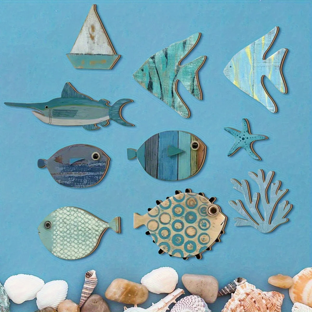 10pcs 2d Coastal Ocean Fish Wooden Wall Decor Set, Nautical Wood Fish Starfish Coral Hanging Plaque Beach Theme Wall Art