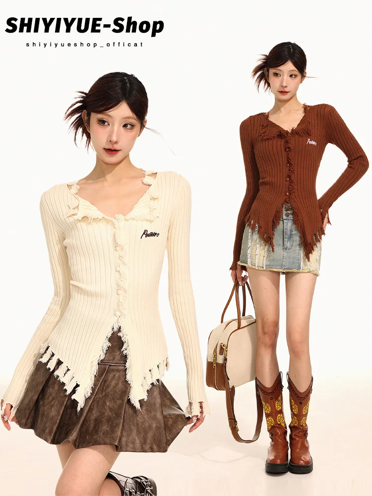 

American Sle Spicy Girl Knitted Open Cardigan Women's Spring Autumn Irregular Fringe Slim Fit Outerwear V Ne Sweater Jaet