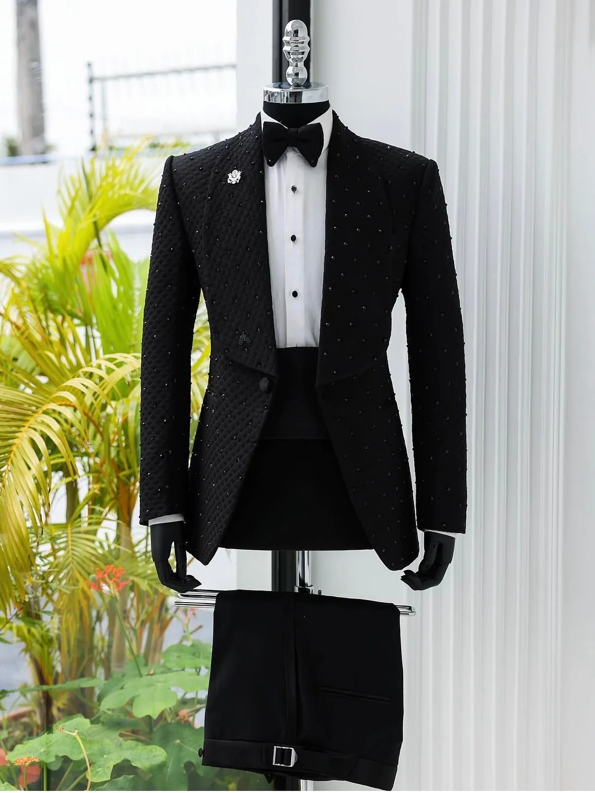 

Black Crystals Men Suit Set 2 Pcs Blazer+Cotton Pants Trousers Formal Office Coat Wedding Tuxedo Customized Jacket Outfit