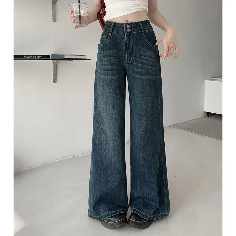 Lady Korean High Waist Casual Daily Jeans Women Retro Fashion Blue Long Pants Girls Chic Straight Leg Denim Trousers