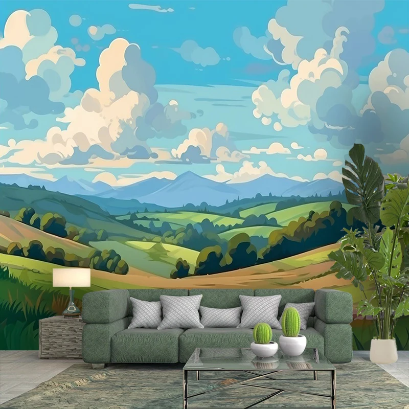 1PC Green Hill Field Anime View Print Backdrop Banner, Bedroom Living Room Photo Background, Polyester, Home Decor, Wall Art