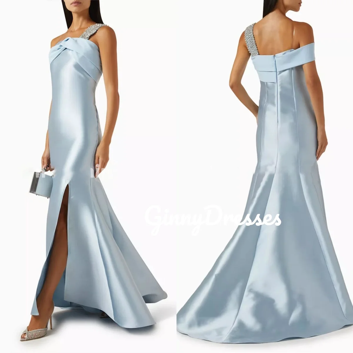 

Evening Dresses Luxury Customize Mermaid One-Shoulder Floor-Length Beadings Dresses For Prom Satin Zipper Up Formal Occasion Dre