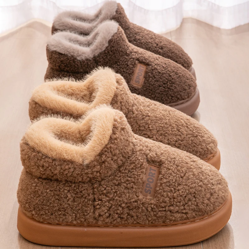 Fashion Platform Plush Winte Cotton Slippers Women Comfort Lambswool Non Slip Boots Couple Fluffy Fuzzy Thick Sole Warm Shoes 45