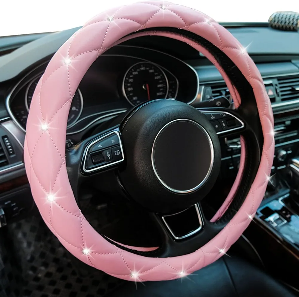 Pink Universal Car Steering Wheel Cover Crystal Rhinestones Black Red White Interior Fit Diameter 38CM 14.5-15 Inch For Women