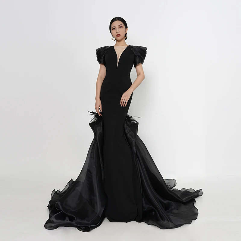 Baisha Original Evening Dress New Fashion V Neck Black Mermaid Bespoke Prom Dresses With Train Ceremony Formal Occasions W23#