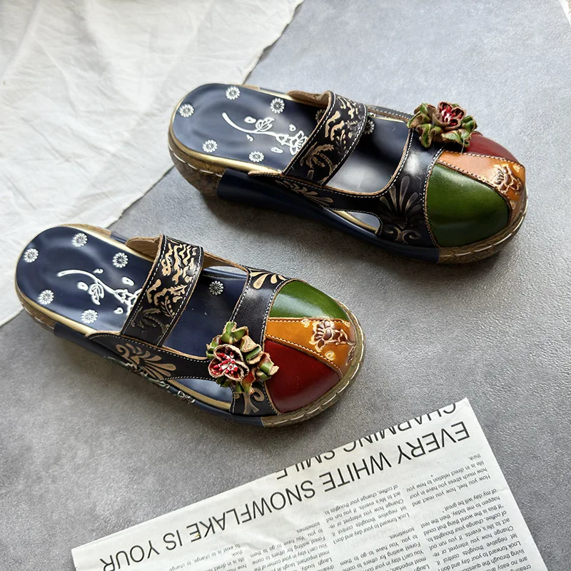 WOIZGIC Women Female Mother Ladies Genuine Leather Flower Shoes Sandals Slippers Outsize Summer Ethnic Plus Size 41 42 SFY-1