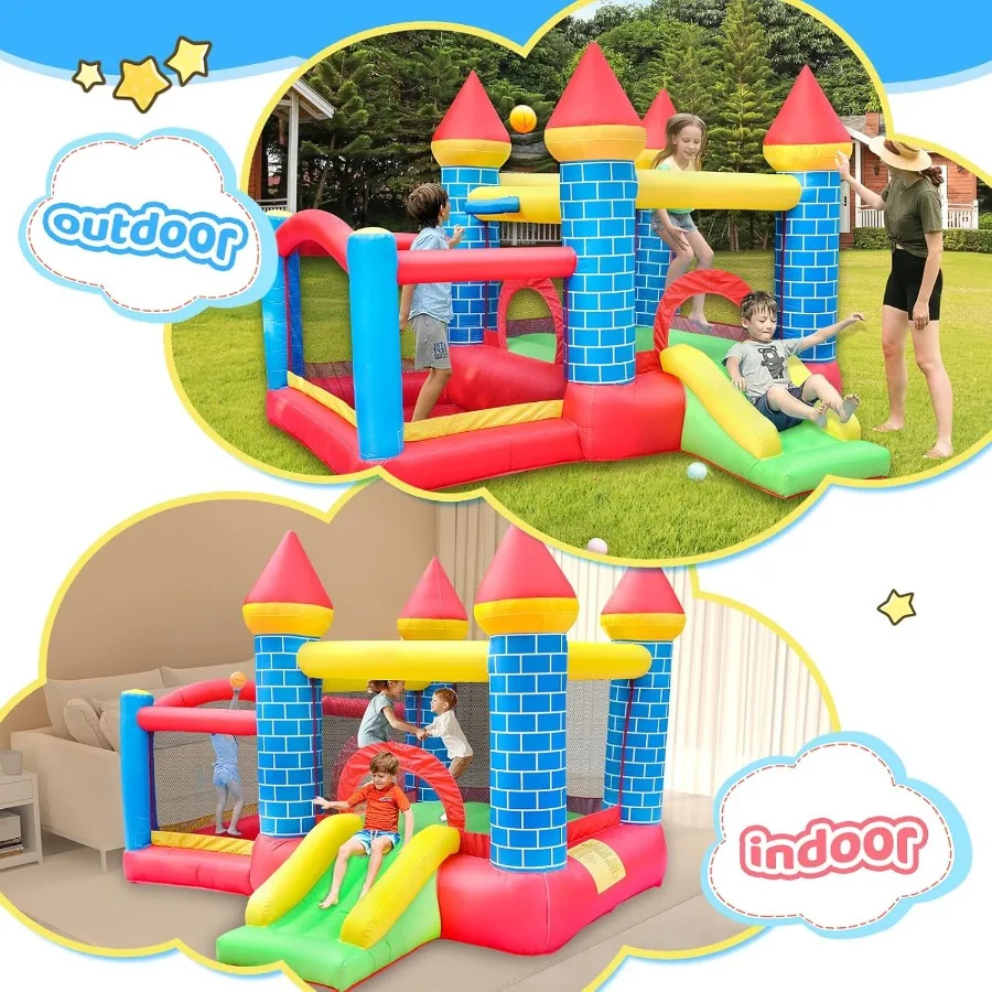 Opblaasbaar springkasteel, peuter springkasteel met glijbaan, opblaasbaar springkasteel met ventilator, springkasteel met balschieten f