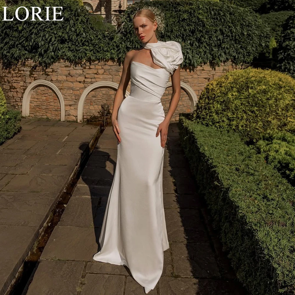 

LORIE Elegant Satin Wedding Dresses Mermaid High Neck One Shoulder Flowers Draped Bride Prom Gown Backless Bridal Gown Customize