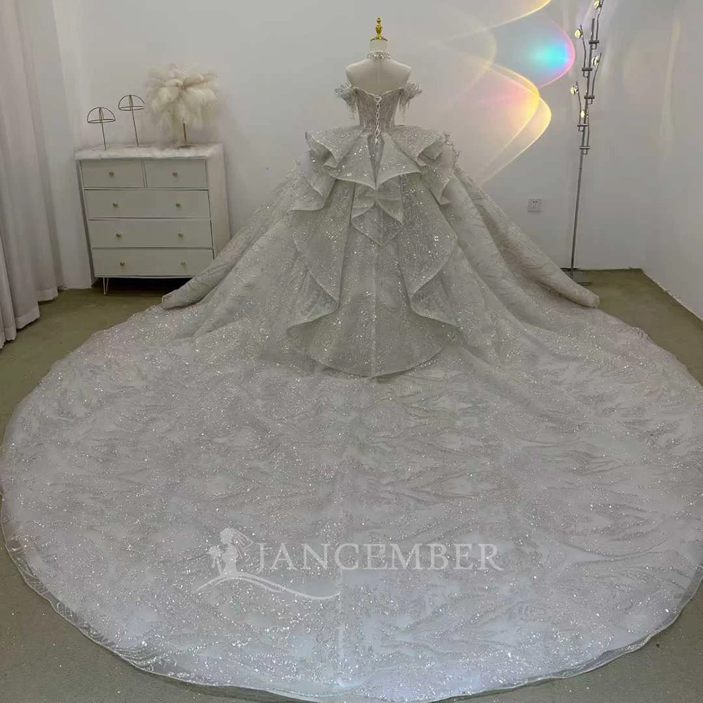 カスタマイズされたスクープネック半袖ボールガウンレースチャペルトレインウェディングドレスフリルvestidos de novia高級ノビアス公式