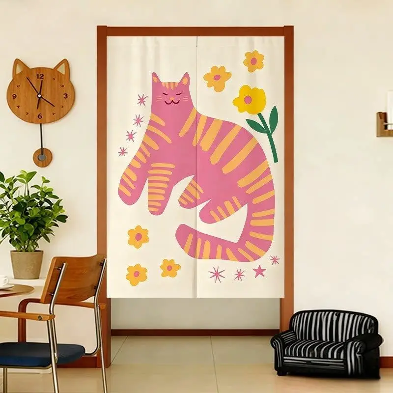 Simple Single Line Cat Door Curtain, Abstract Cat Fabric Door Curtain, No Punching, Bedroom Entrance, Privacy Partition Curtain